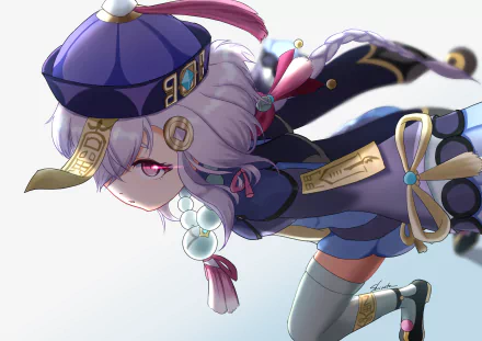 Qiqi (Genshin Impact) in her purple outfit, red eyes and dangling talismans, leaning forward with beads and hat — 4K Ultra HD PC desktop wallpaper/background.