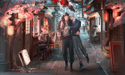 HD wallpaper featuring characters Satoru Gojo, Nobara Kugisaki, Yuji Itadori, Suguru Geto, and Megumi Fushiguro from the anime Jujutsu Kaisen, set in a scenic alleyway with cherry blossoms and lanterns.