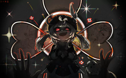 An HD desktop wallpaper featuring Klee from the video game Genshin Impact, with red eyes and an expressive background of vibrant lights and stars.