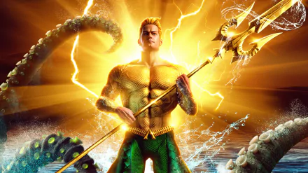 DC Comics comic Aquaman 2K Quad HD PC desktop wallpaper/background: Aquaman stands with trident amid lightning, crashing waves and giant tentacles in golden-green light.