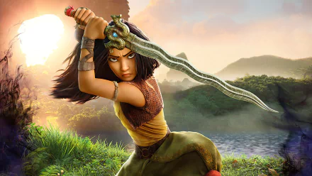 4K Ultra HD PC desktop wallpaper featuring Raya from the movie Raya and the Last Dragon, poised with her sword against a vibrant natural backdrop at sunset.