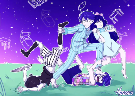 HD PC desktop wallpaper featuring Hero, Aubrey, Kel, and Omori from the video game OMORI in pajamas and socks, with intense action including a knife and dynamic poses.