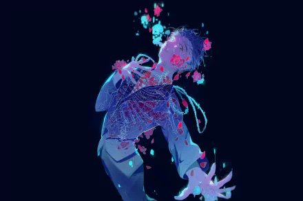 HD desktop wallpaper featuring Yuuri Katsuki from Yuri!!! on ICE anime, in a graceful ice skating pose with vibrant colors and floral elements.