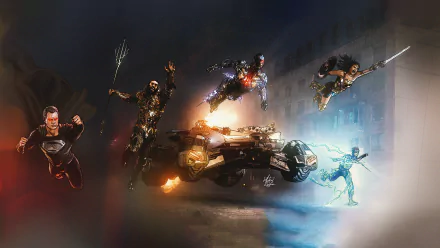 5K Ultra HD desktop wallpaper of Zack Snyder's Justice League: Superman, Wonder Woman, Aquaman, Batman with Batmobile, Cyborg and Flash racing through a stormy urban night.