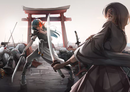 Anime Warship Girls duel at a torii gate, swords drawn amid fallen foes — dramatic samurai standoff, 2K Quad HD PC desktop wallpaper/background.