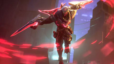 Zed (League of Legends) lunges through a rain-soaked neon city, red energy blades trailing — 5K Ultra HD PC desktop wallpaper/background from the video game League of Legends.