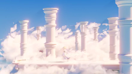 A stunning 8K Ultra HD wallpaper featuring Lumine from Genshin Impact, set against a dreamy sky with majestic clouds and ancient pillars, capturing the game's enchanting aesthetic.