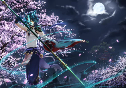 HD desktop wallpaper of Xiao from Genshin Impact wielding a spear under a full moon, with green hair, yellow eyes, and cherry blossoms glowing in a nighttime scene.
