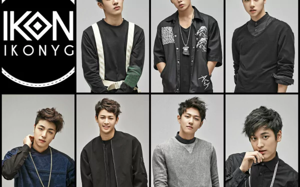HD wallpaper featuring a collage of individual members from the group iKON, posing in casual fashion for a stylish desktop background.