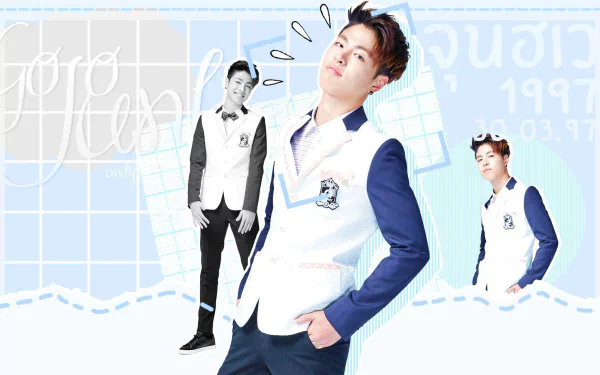 HD desktop wallpaper featuring a collage of a member from iKON posing in a blue and white outfit against a stylized blue background.