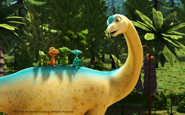 HD desktop wallpaper from Dinosaur Train depicting a friendly blue Brachiosaurus with three smaller dinosaurs on its back amid a lush green backdrop.