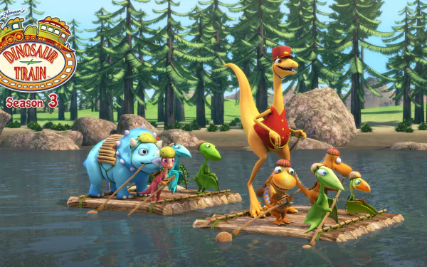 HD wallpaper of Dinosaur Train Season 3 featuring animated dinosaurs on a raft in a serene lake setting.
