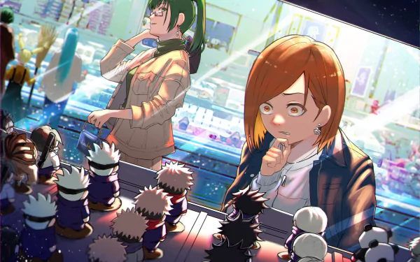 HD desktop wallpaper featuring Nobara Kugisaki and Maki Zenin from Jujutsu Kaisen, set against a vibrant backdrop with festival lights.