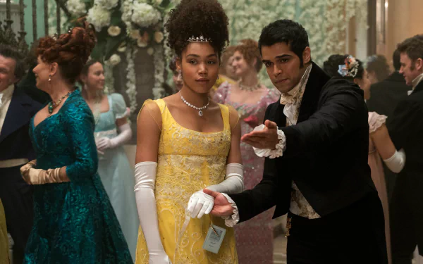 HD Bridgerton-themed desktop wallpaper featuring two characters elegantly dancing at a ball.