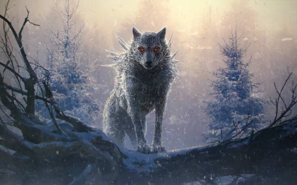 A fierce fantasy wolf with glowing eyes stands on a snow-covered branch in a misty forest, captured in stunning 4K Ultra HD for a PC desktop wallpaper.