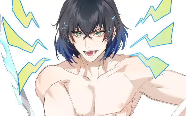 HD PC desktop wallpaper: anime (Demon Slayer: Kimetsu no Yaiba) shirtless young man with dark hair, green eyes and fierce grin, stylized lightning bolts radiating on a white background.