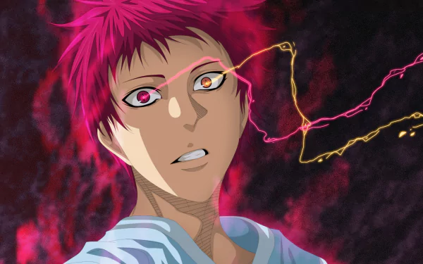 HD PC desktop wallpaper featuring Seijūrō Akashi from the anime Kuroko's Basketball, showcasing his intense gaze and glowing, multicolored eyes.