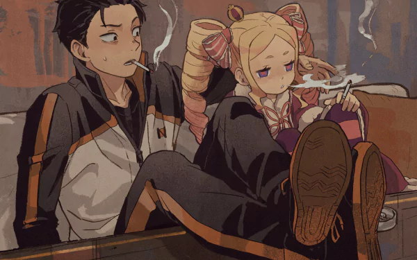 HD wallpaper featuring Subaru Natsuki and Beatrice from Re:ZERO - Starting Life in Another World, sitting together with a relaxed demeanor, both smoking.