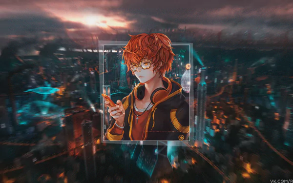 Anime 707 (Mystic Messenger) portrait: red-haired character with glasses and headphones in a picture-in-picture frame over a neon cityscape — 4K Ultra HD PC desktop wallpaper.