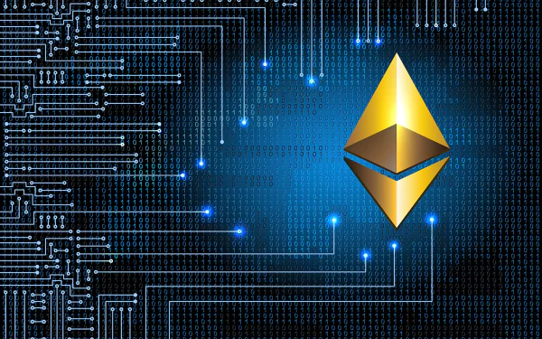 HD desktop wallpaper featuring the Ethereum logo on a digital circuit board background, symbolizing cryptocurrency.