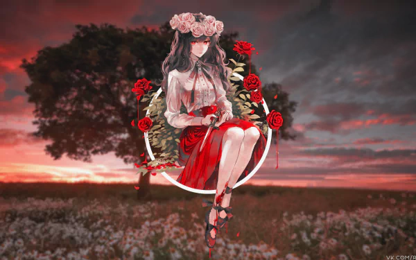 rose picture-in-picture black hair Anime girl sunset grassland anime girl anime sunset HD Desktop Wallpaper | Background Image