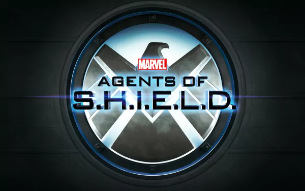 TV show Agents of S.H.I.E.L.D. emblem — Marvel logo above a circular eagle S.H.I.E.L.D. symbol with bold S.H.I.E.L.D. text on a dark metallic 5K Ultra HD PC desktop wallpaper background.