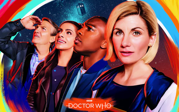 5K Ultra HD PC desktop wallpaper for Doctor Who (2005) showing four cast members—a blonde Doctor and three companions—posed against a vibrant swirling backdrop with a small TARDIS.