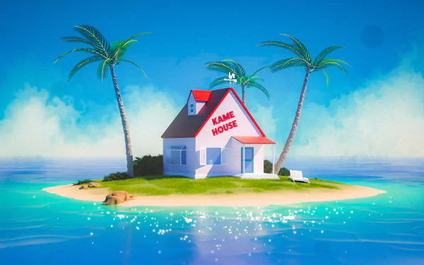 HD PC desktop wallpaper featuring the iconic Kame House from the Dragon Ball anime, set on a small island with palm trees under a bright blue sky.