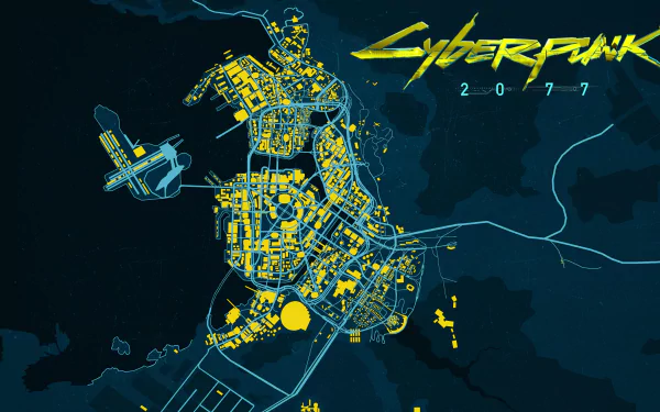 Neon blue-and-yellow map of Night City from Cyberpunk 2077 with the Cyberpunk 2077 logo — 4K Ultra HD PC desktop wallpaper/background, video game artwork.
