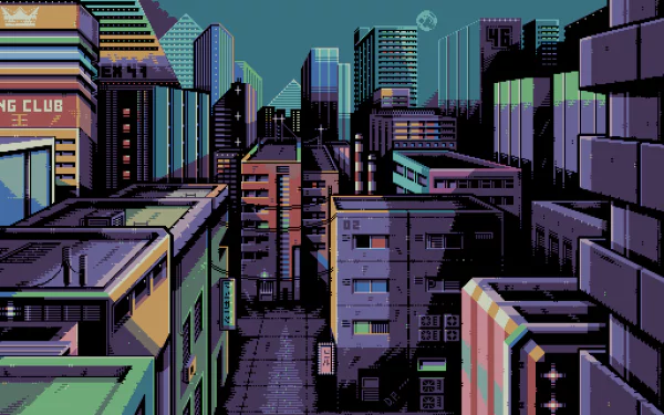 HD artistic pixel art of a vibrant cityscape at dusk, featuring detailed buildings and a moody sky, designed as a PC desktop wallpaper and background.