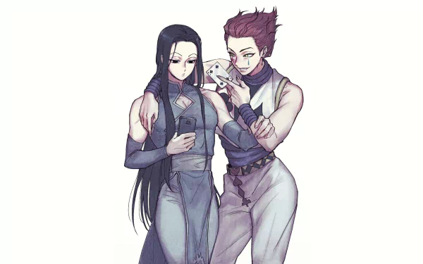 HD PC desktop wallpaper featuring Hisoka and Illumi Zoldyck from Hunter × Hunter, anime-style portrait: Hisoka holding cards while Illumi checks a phone, pale minimalist background.