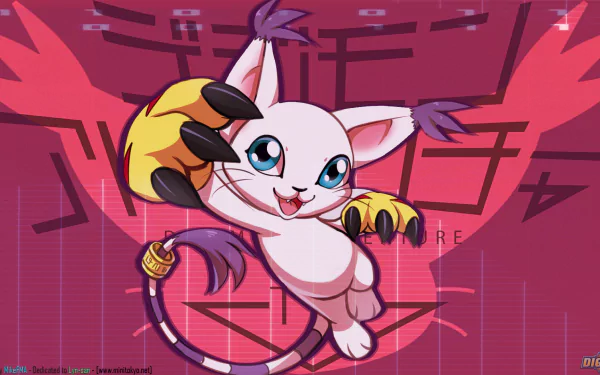 Anime Digimon HD PC desktop wallpaper/background of a playful white, cat-like Digimon with big blue eyes, yellow-tipped gloves and striped tail leaping toward viewer against a magenta digital backdrop