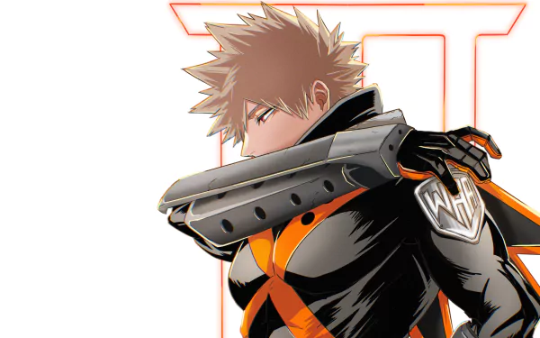 HD anime desktop wallpaper featuring Katsuki Bakugou from My Hero Academia in his hero costume with a bold, dynamic pose against a minimalist white background.