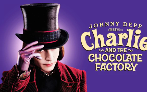 HD PC desktop wallpaper of the actor portraying Willy Wonka from the movie Charlie and the Chocolate Factory, purple background, top hat and red velvet coat.