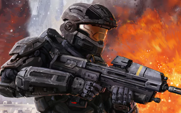 A Halo: Reach warrior in detailed armor wields a futuristic weapon amid fiery battle, featured in this 4K Ultra HD PC desktop wallpaper from the video game.