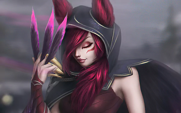 Xayah from League of Legends, depicted in a stunning 4K Ultra HD wallpaper. Her striking red hair and fierce expression capture the essence of this iconic video game character.
