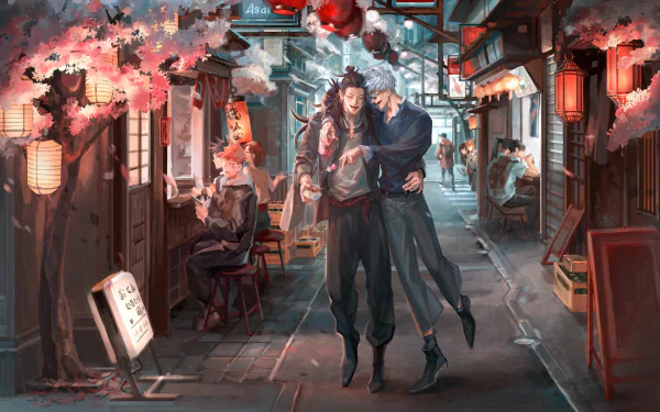 HD wallpaper featuring characters Satoru Gojo, Nobara Kugisaki, Yuji Itadori, Suguru Geto, and Megumi Fushiguro from the anime Jujutsu Kaisen, set in a scenic alleyway with cherry blossoms and lanterns.