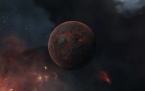 4K Ultra HD desktop wallpaper featuring a detailed, fiery planet in space from the video game EVE Online, showcasing a dark cosmic environment.