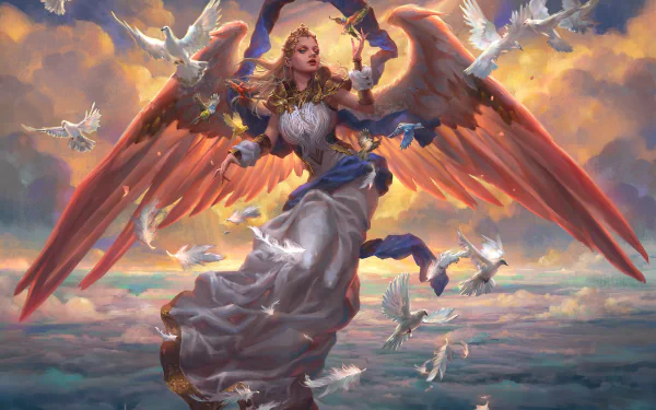 A blonde angel with large wings surrounded by white birds, soaring above the clouds in a vibrant fantasy HD PC desktop wallpaper.