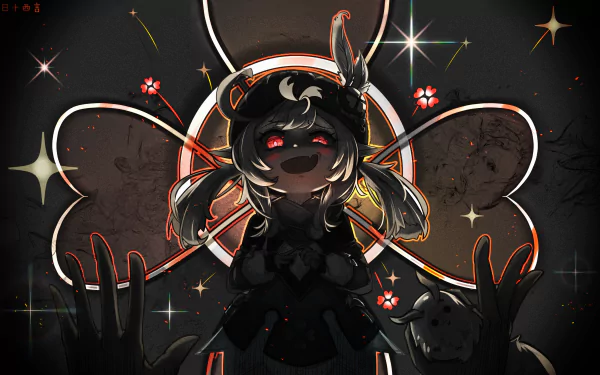 An HD desktop wallpaper featuring Klee from the video game Genshin Impact, with red eyes and an expressive background of vibrant lights and stars.