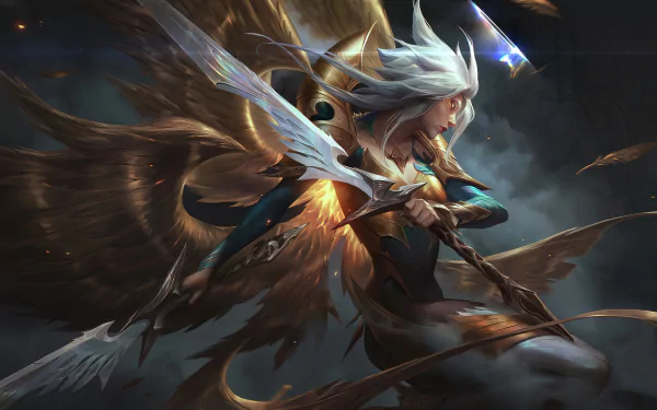 HD PC wallpaper featuring Kayle from League of Legends, depicted with glowing wings and a dynamic pose in a dark, ethereal battle scene.