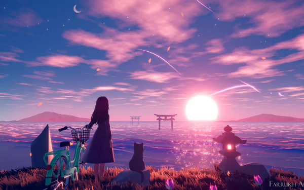 An anime girl in a dress and an anime cat stand by a bicycle near water, watching a vibrant sunset with clouds and distant torii gates on this HD desktop wallpaper.