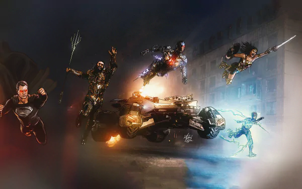 5K Ultra HD desktop wallpaper of Zack Snyder's Justice League: Superman, Wonder Woman, Aquaman, Batman with Batmobile, Cyborg and Flash racing through a stormy urban night.