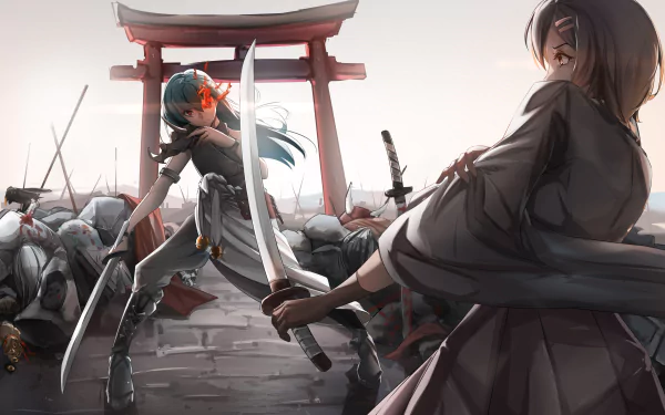 Anime Warship Girls duel at a torii gate, swords drawn amid fallen foes — dramatic samurai standoff, 2K Quad HD PC desktop wallpaper/background.