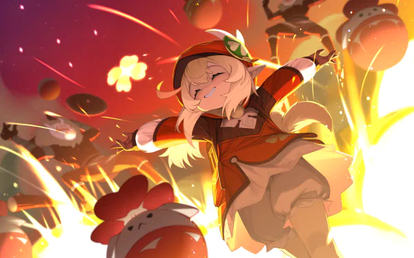 HD PC desktop wallpaper featuring Klee from the video game Genshin Impact, surrounded by bright explosions and her signature playful energy.