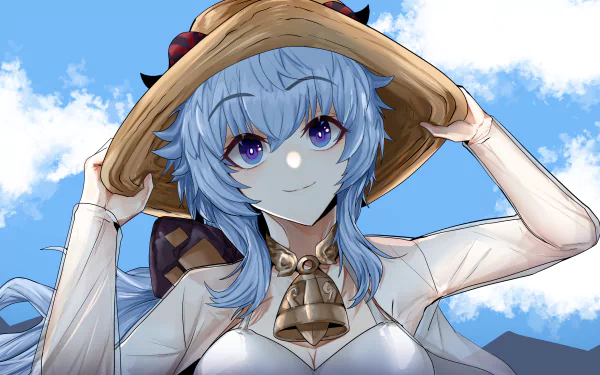 Ganyu (Genshin Impact) wearing a straw hat, smiling against a bright blue sky — 4K Ultra HD PC desktop wallpaper of the video game character.