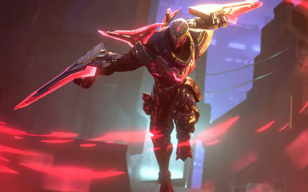 Zed (League of Legends) lunges through a rain-soaked neon city, red energy blades trailing — 5K Ultra HD PC desktop wallpaper/background from the video game League of Legends.