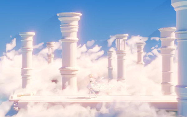 A stunning 8K Ultra HD wallpaper featuring Lumine from Genshin Impact, set against a dreamy sky with majestic clouds and ancient pillars, capturing the game's enchanting aesthetic.
