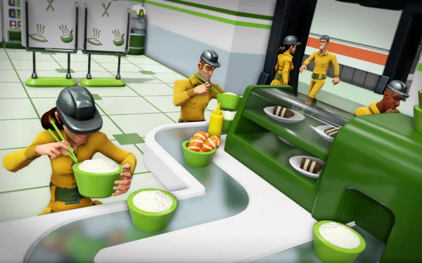 HD wallpaper from Evil Genius 2: World Domination showing minions in a base cafeteria.