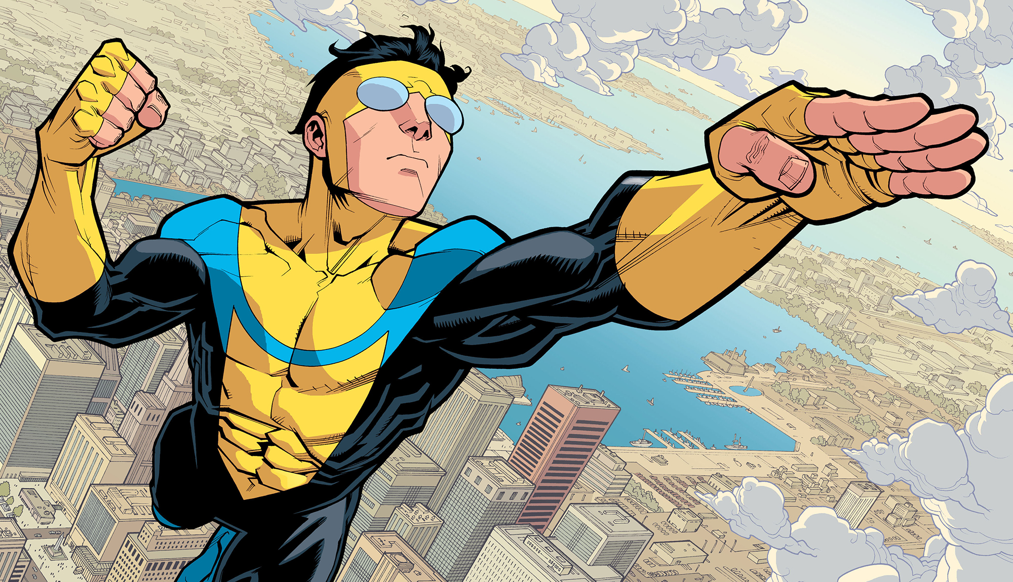 HD wallpaper of Invincible (Mark Grayson) flying over a cityscape, based on Image Comics series.